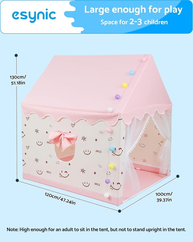 Detalle 2 de eSynic Kids Indoor Playhouse Tent with Lights & Windows (Pink) – large portable play tent for ages 3–12