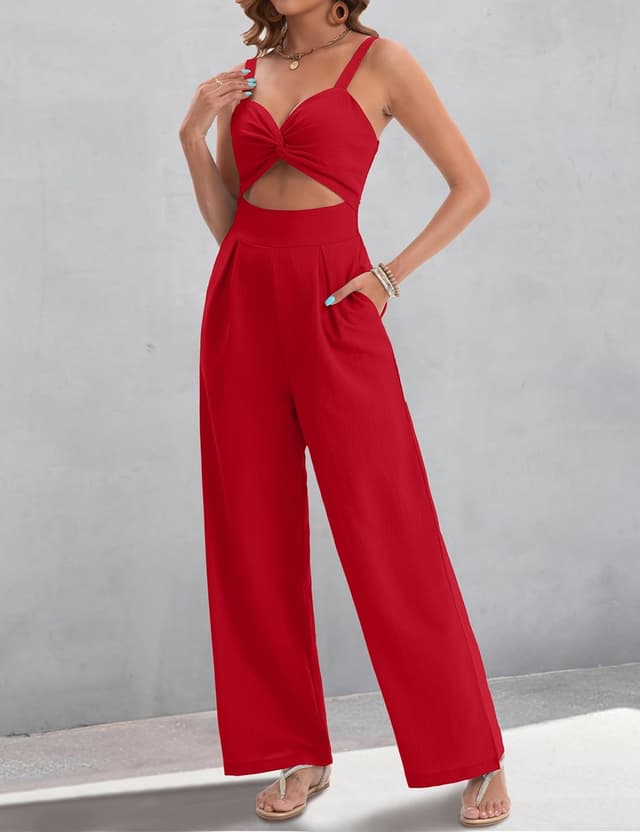 Detalle de AGerway Women’s Summer Jumpsuits V-Neck Twist Wide-Leg Rompers (One-Piece)