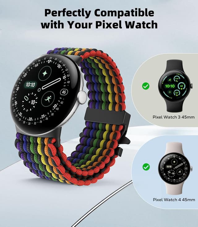 Detalle de Astorgos Braided Band for Google Pixel Watch 3/4 (45mm) with elastic nylon strap and parachute buckle
