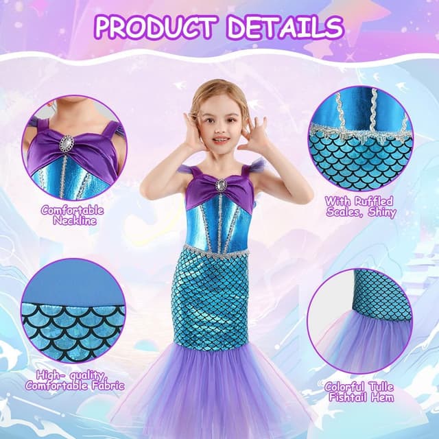 Detalle de AYBUY Vestito Sirenetta Bambina con corona, scettro e gioielli: costume da principessa sirena per Halloween, Natale e compleanno