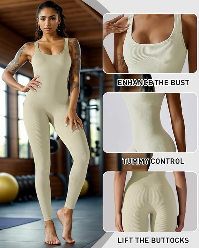 Detalle de Merlvida Sport-Jumpsuit für Damen: nahtloser Workout-Overall mit abnehmbaren Brustpolstern