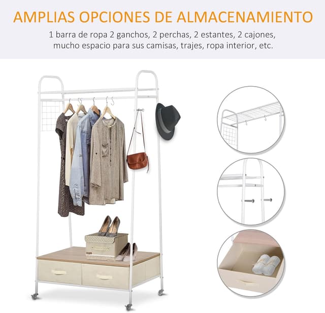 Detalle de HOMCOM Perchero Metálico con Ruedas y Estantes