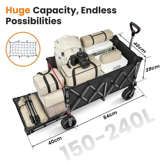 Thumbnail 4 de YEAUPE PRO faltbarer Bollerwagen mit Feststellbremse, All-Terrain 6-Zoll-Räder und klappbarer Heckklappe (150–240 L) – Schwarz