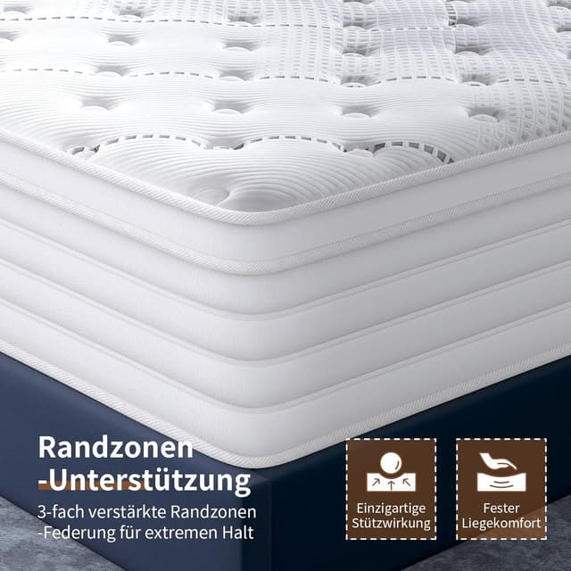 Detalle 2 de Queblox Taschenfederkernmatratze 90x200 cm – 7-Zonen, Höhe 28 cm, Härtegrad H3