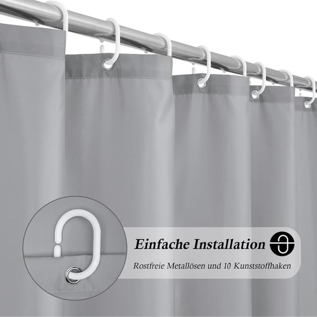 Detalle 2 de EurCross rideau de douche 150x200 cm gris en tissu imperméable anti-moisissure avec 10 anneaux