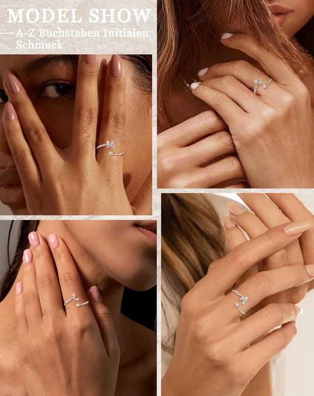 Detalle de Maynor A-Z Buchstaben-Ring aus Silber 925 mit Cubic-Zirkonia, verstellbar (Größe 50–60)