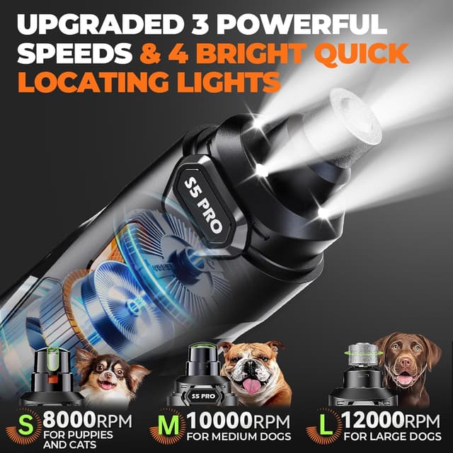 Detalle de Whisper Quiet Dog Nail Grinder with 4 LED Lights, 3-Speed Rechargeable Grooming Kit (with 3 Grinding Bits)