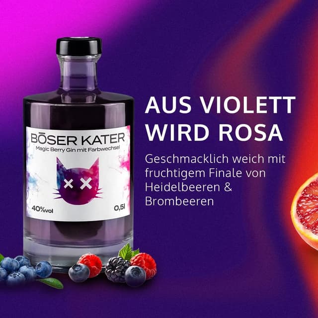 Detalle de BÖSER KATER Magic Berry Farbwechsel-Gin Geschenkset mit 2 Gläsern (0,5 l, 40% Vol.)