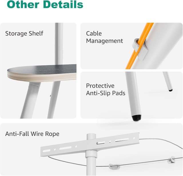 Detalle 2 de ECOTINY TV Easel Tripod Stand (White) for 43–65 inch TVs – height-adjustable, swivel ±45° with wooden tray