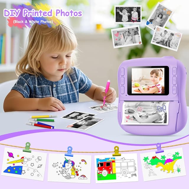 Detalle de Hangrui Kinderkamera Sofortbildkamera (14 MP) mit 32-GB-Karte, Sofortdruck & 1080P – lila