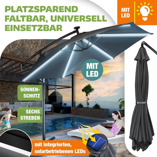 Detalle 2 de KESSER® Alu Ampelschirm LED Solar – 360° drehbar, mit LED-Licht, Kurbel & Abdeckung