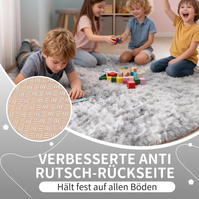 Detalle de VOFUSHON runder Hochflor-Teppich 100 cm hellgrau – waschbar, rutschhemmend für Kinderzimmer