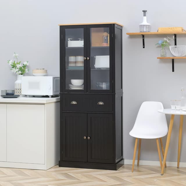 Detalle de HOMCOM Buffet de cuisine noir avec 4 portes dont 2 vitrées et tiroir, 182,5 cm de hauteur