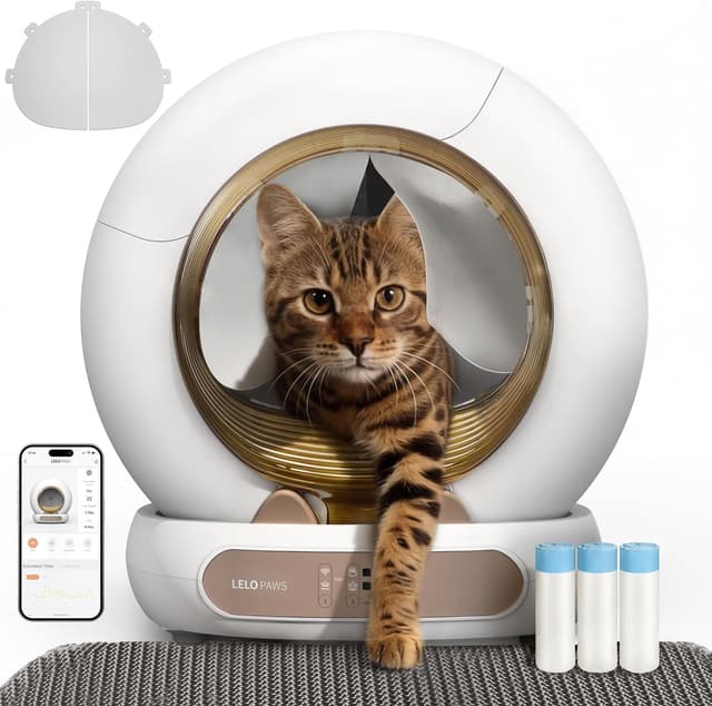 Detalle de LELO PAWS selbstreinigende Katzentoilette mit Türvorhang, 65 l + 9 l, App-Steuerung (Golden)