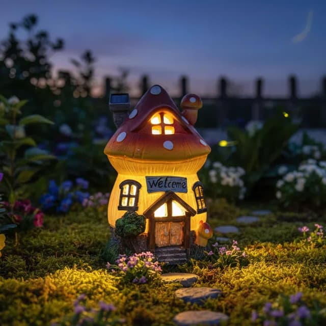 Detalle de LIMOR 6-inch solar mushroom house garden figurine statue with solar lights
