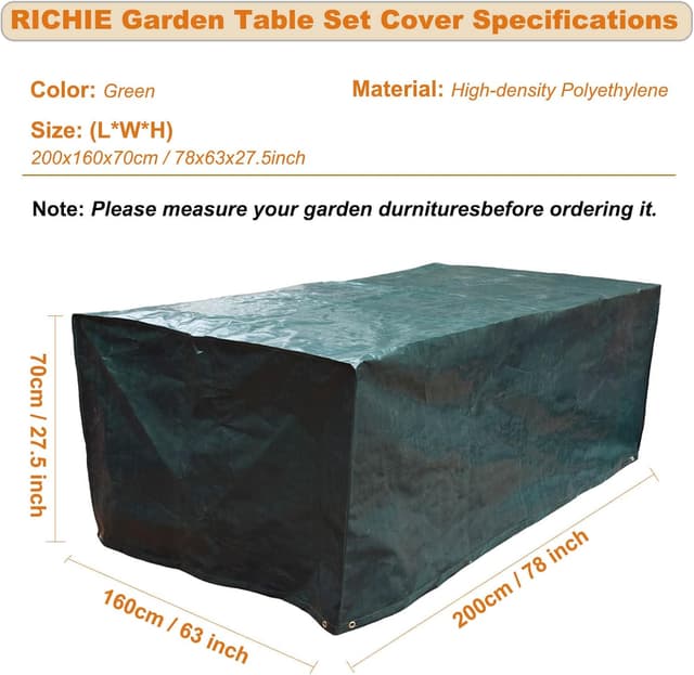 Detalle de RICHIE Garden Furniture Cover (Waterproof & Windproof) – 200x160x70cm Patio Set Cover, Green