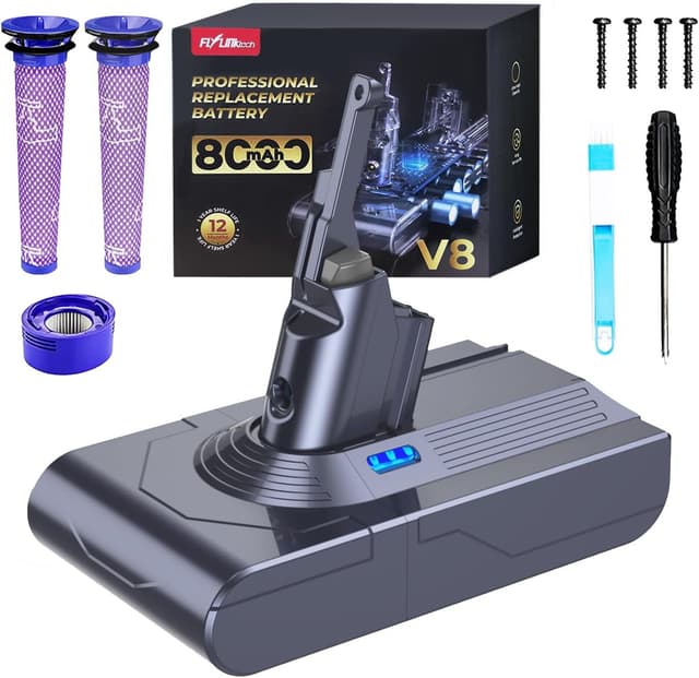 Detalle de FLYLINKTECH 8.0Ah V8 Akku für Dyson V8 Absolute/Animal/Fluffy/Motorhead (bis zu 8.000 mAh) – mit 2+1 Filtern und Schrauben
