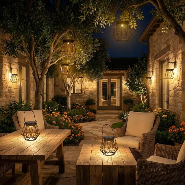 Detalle de Ketom 2 Pezzi lanterne solari da esterno in metallo IP65, luce bianco caldo – design sospeso con gabbia