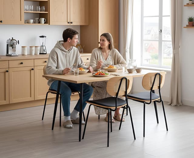 Thumbnail 6 de chairus Lot de 2 chaises de salle à manger sans accoudoirs en cuir synthétique et dossier en rotin – Noir