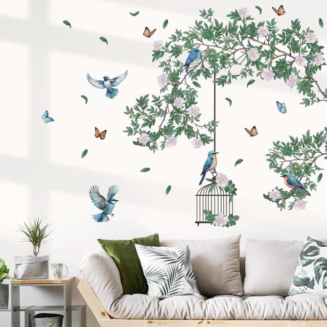 Detalle de HPUINB Green Plants & Birds wall stickers with tropical leaves (removable palm tree mural)