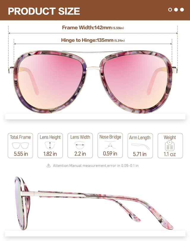 Detalle de Bircen BC2001 Polarized Retro Mirrored Sunglasses for Women with Acetate Frame