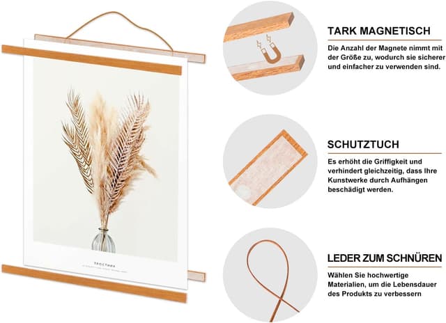 Detalle de Benjia 4er Set magnetische Posterschiene für A4-Poster (21 cm) aus Teakholz