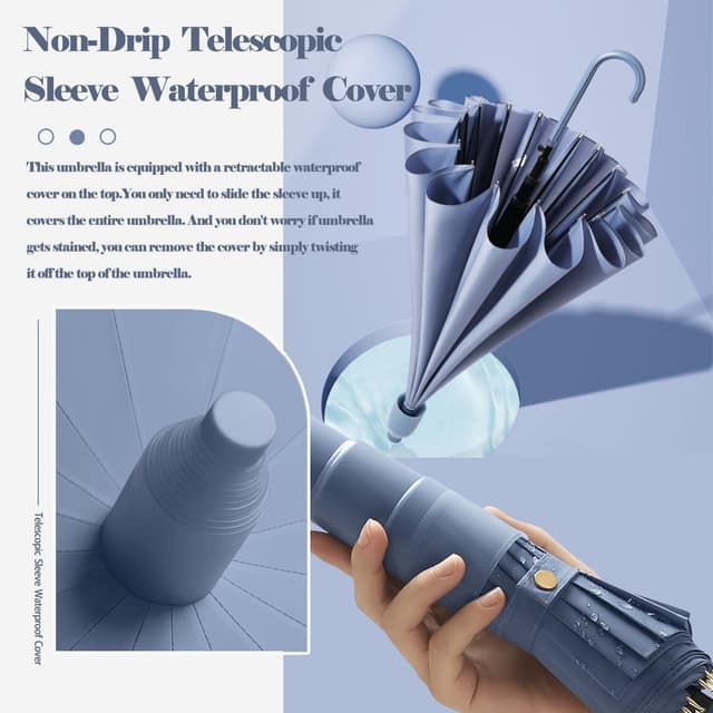 Detalle de EKUW Automatic Travel Stick Umbrella with Waterproof Telescopic Sleeve and Windproof 16 Ribs