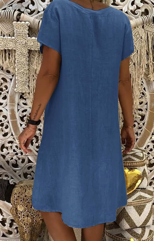 Detalle de Tincini Sommerkleid Damen aus Baumwolle und Leinen – V-Ausschnitt Midikleid, Kurzarm, A-Linie