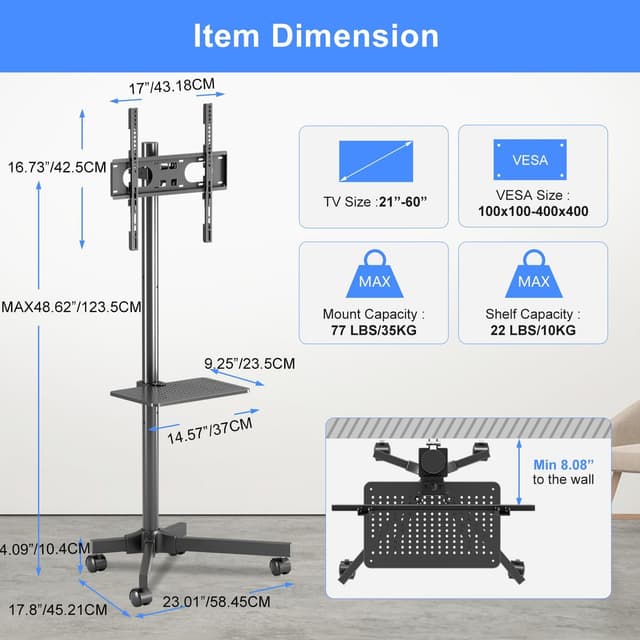 Detalle de Suptek Supporto per TV con ruote fino a 60 pollici e VESA 400x400, altezza regolabile