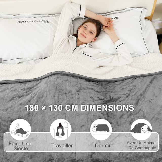 Detalle de COZYTY Couverture chauffante électrique 130×180 cm en flanelle grise (6 réglages, minuterie 10 h)