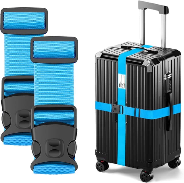 Detalle de BILIONE Lockable Adjustable Luggage Straps (2-Sky Blue) with Bag Connector, 4-Pack