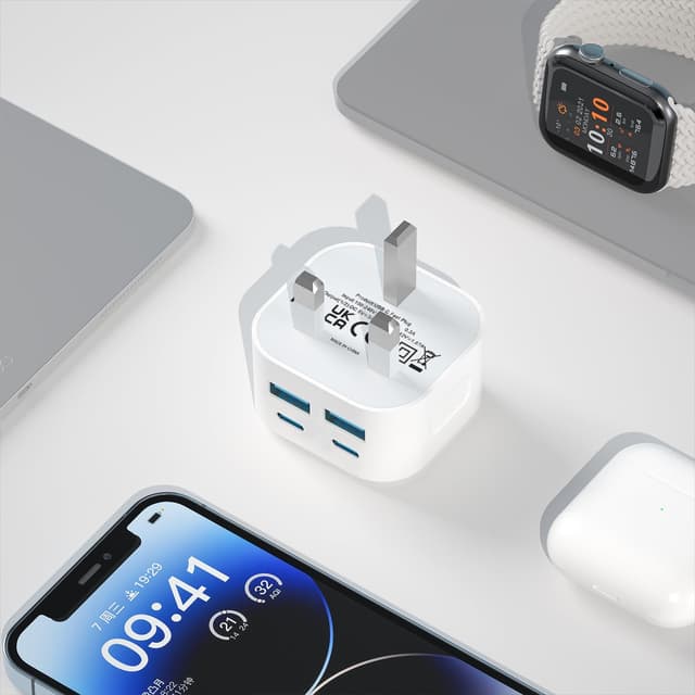 Detalle 2 de Rekavin 40W Multi USB and USB-C Charger Plug (UK fast charge, dual USB-C + dual USB-A) for iPhone, iPad and Apple Watch