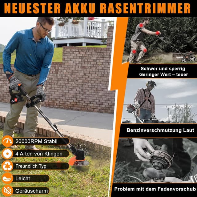 Thumbnail 6 de Xbzzgmg Akku-Rasentrimmer mit 2 Akkus und 4 Messertypen, Teleskop-Freischneider für Kanten & Hof