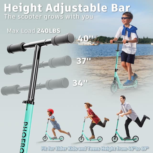 Detalle de PHOEROS Tretroller für Kinder & Jugendliche (6–12 Jahre) sowie Erwachsene – faltbarer Aluminium Cityroller mit 200-mm-Großrädern