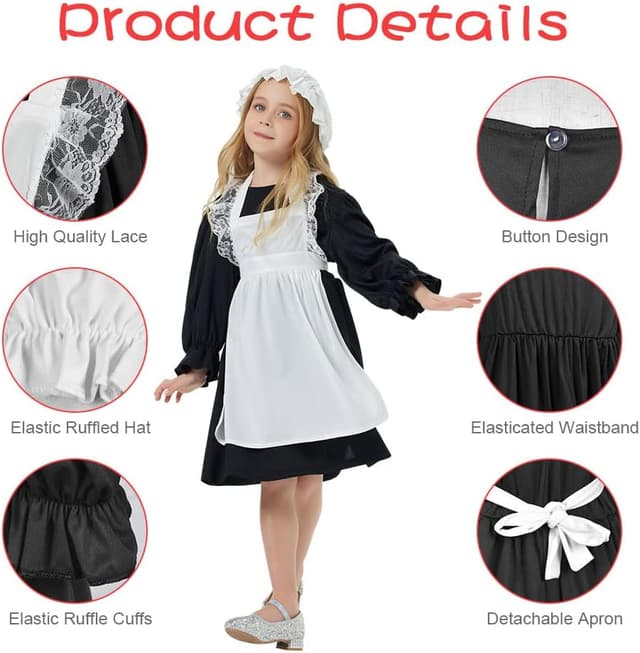 Detalle de Aomig Vestito da Cameriera Bambina medievale vittoriano con bonnet e accessori (4 pezzi) XL