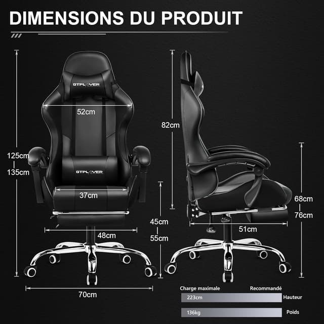 Detalle de GTPLAYER Chaise Gaming noire avec massage lombaire et repose-pieds rétractable