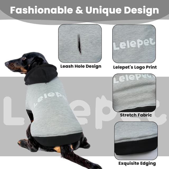 Detalle de LeLePet Dachshund Hoodie Grey L – warm cotton fleece dog sweatshirt with hoodie and lead hole