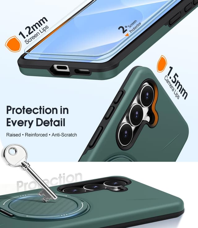 Detalle de AOUIA for Samsung Galaxy S26 Case with 2 Pack Screen Protector and 360° Rotating Kickstand (Green)