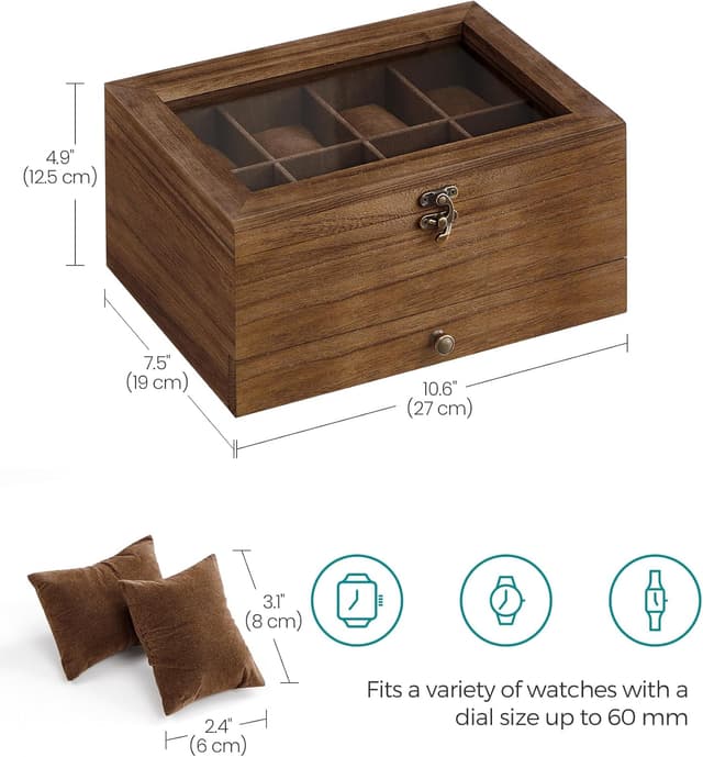 Detalle de SONGMICS JOW008K01 Rustic Walnut 8-Slot Watch Box with 2 Tiers and Glass Lid