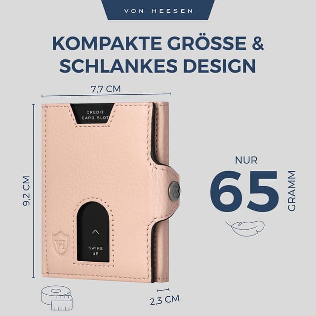 Detalle de VON HEESEN Slim Wallet mit XL Münzfach und RFID-Schutz – Nappa-Leder Kartenetui Rose
