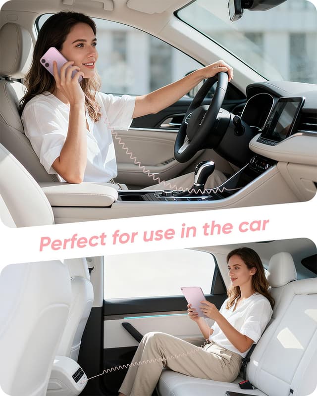 Detalle de SUNGUY USB‑C Spiralkabel (1,8 m) – Datenkabel & Schnellladung für Auto (Android Auto/Carplay) in Rosa