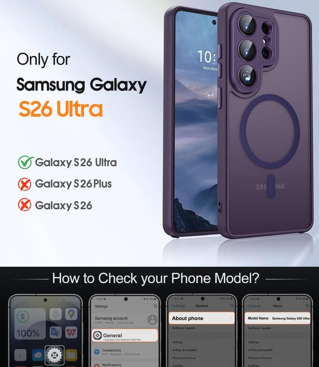 Detalle de JAME Magnetic Case for Samsung Galaxy S26 Ultra (Purple) with MagSafe fit, 2 screen protectors and camera lens protector