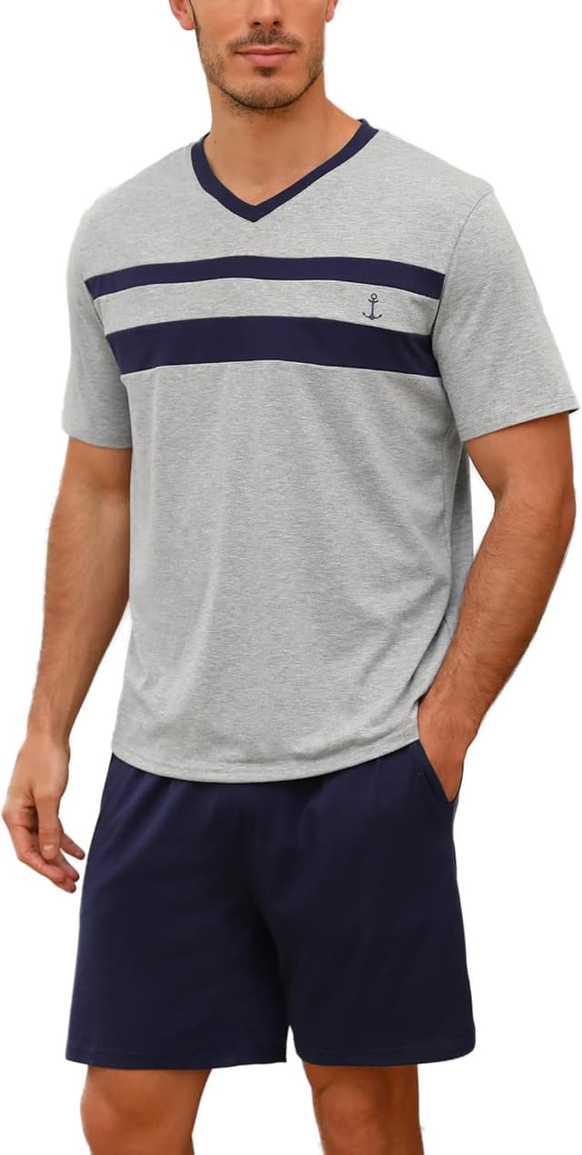 Detalle de Nieery Herren-Schlafanzug kurz aus Baumwolle (Sommer-Set mit V-Ausschnitt T-Shirt & Shorty)