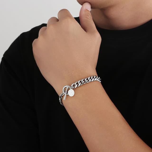 Detalle de KRKC&CO Herren Panzerkette Armband mit T-Stab Verschluss (8 mm) – 14K Gold/Weißgold beschichtet, Edelstahl