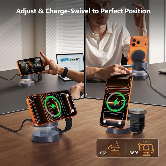 Detalle de iVANKY stazione di ricarica wireless 4 in 1 con luce notturna, Qi2 15W e MagSafe per iPhone, Apple Watch e AirPods