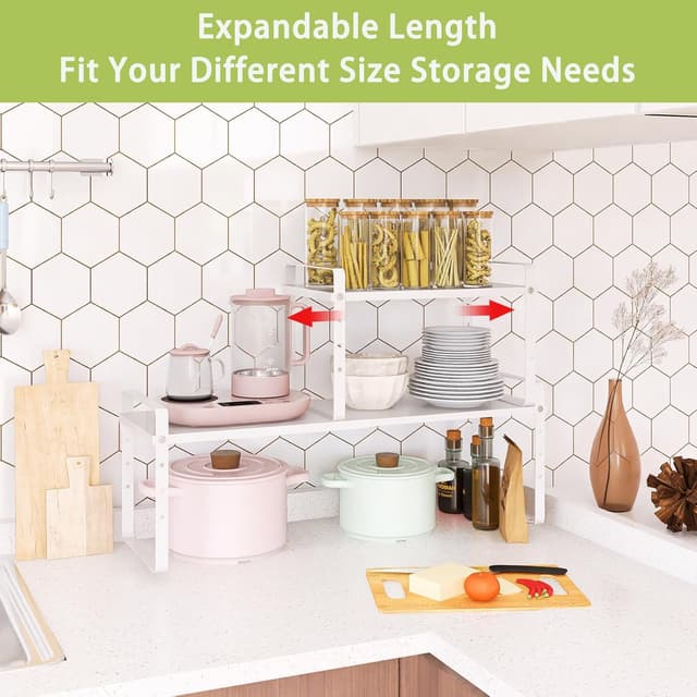 Detalle de Across-Star Expandable Cabinet Shelf Organizer Rack (White) — Adjustable Height Spice/Pantry Shelf, 2 Pack