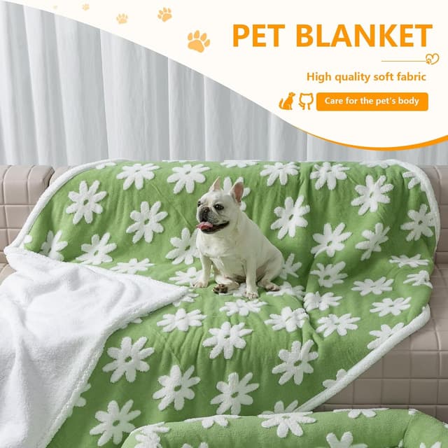 Detalle 2 de Waterproof Pet Blanket Green Stylish Jacquard Throw (Green Flower, XS) for dog beds, couches and washable mat covers