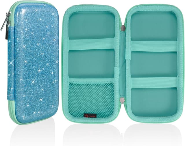 Detalle de FINPAC Federmäppchen aus hartem EVA (Glitzerndes Blau) – Stiftetasche für Büro, Schule & unterwegs