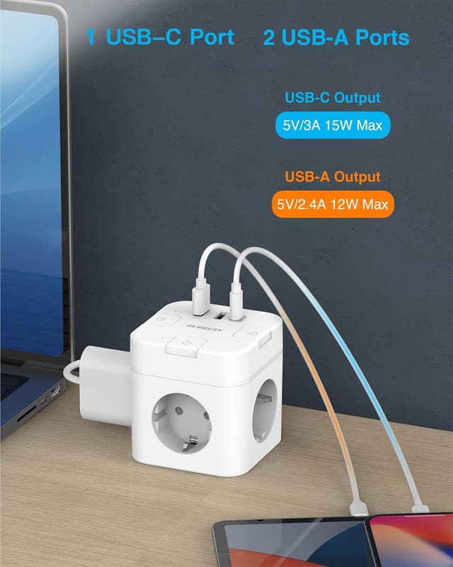 Detalle 1 de 6-in-1 Steckdosenwürfel mit USB‑C und 3 Steckdosen 🔌