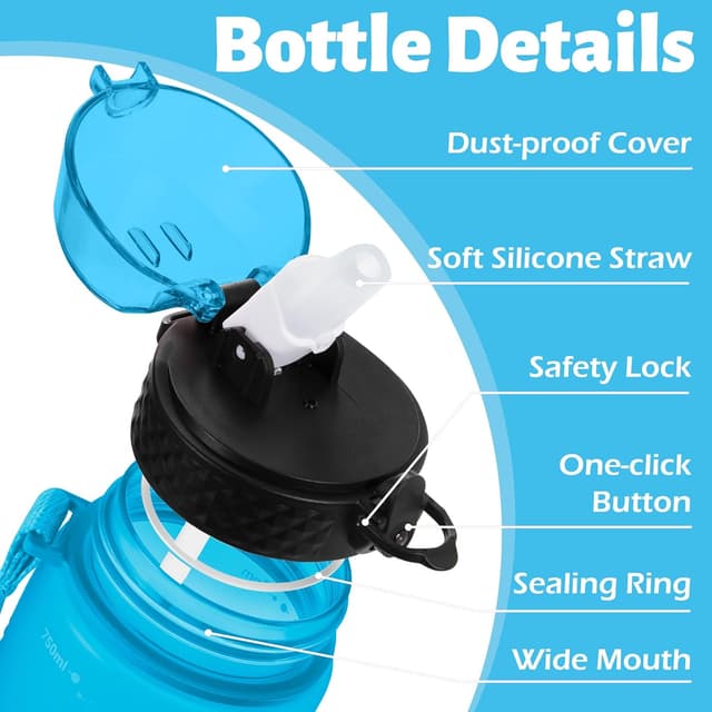 Detalle de OLDLEY 750ml / 25oz Straw Water Bottle (BPA-free Tritan) with Leakproof Lid, Time Markings & Carry Strap
